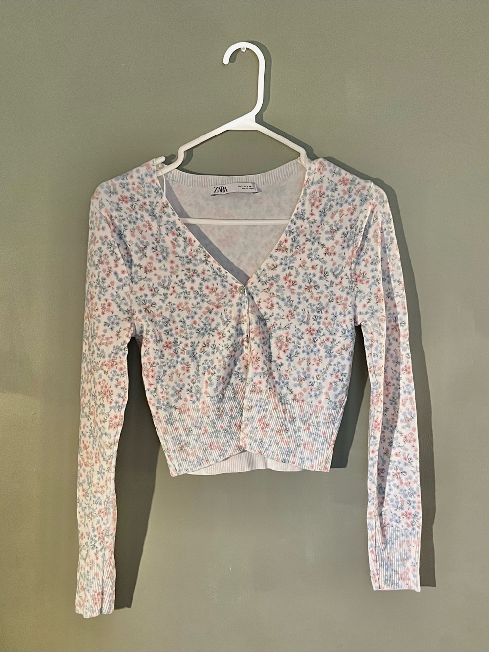 Zara Floral Print Cropped Cardigan White & Pink Size Small
